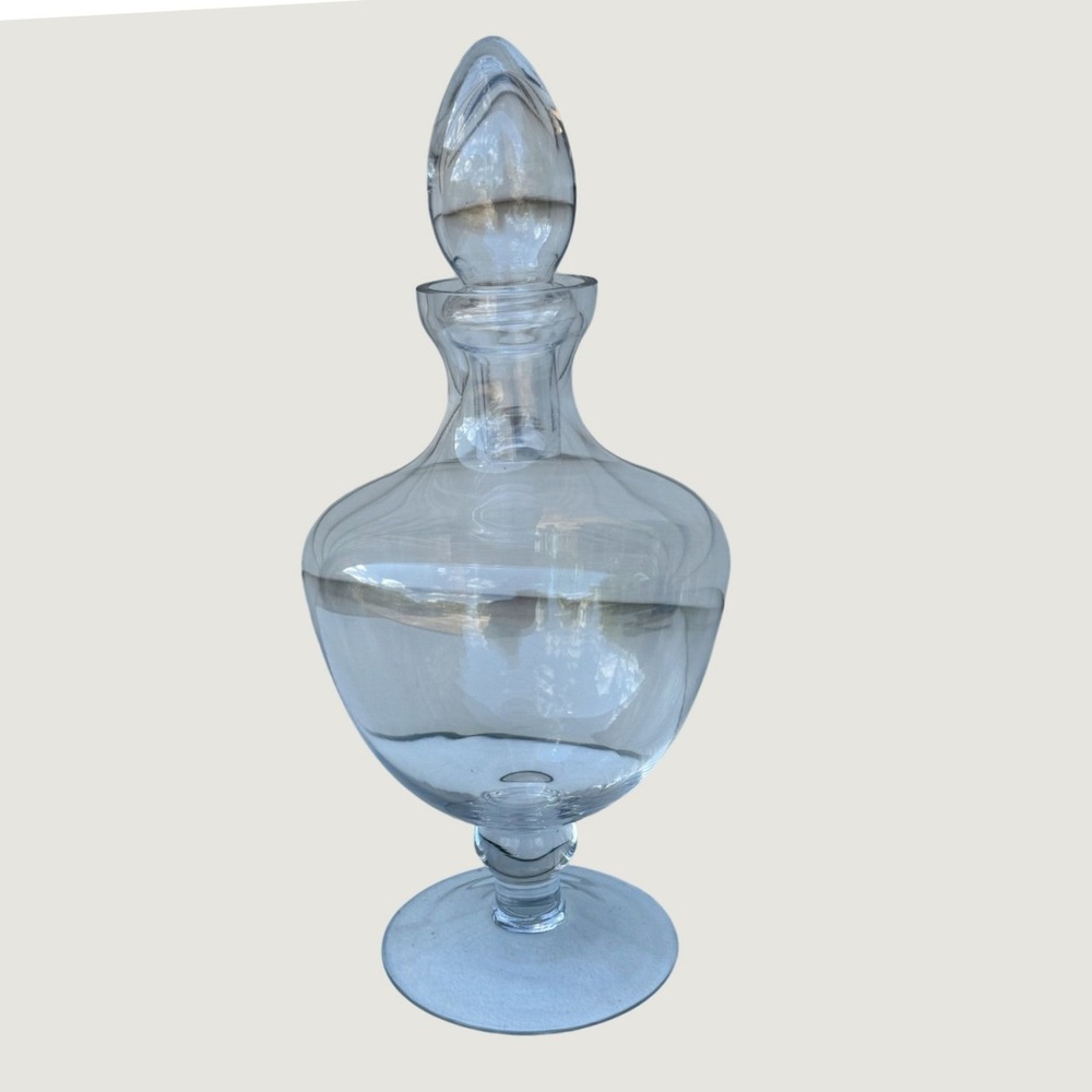 Vintage Tall Clear Hand Blown Glass Footed Decanter with Teardrop Stopper 14.5in